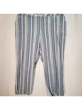 Catherines Casual Pants Womens Plus Sz 3X Linen Blend Elastic Waist Blue White